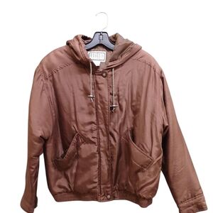 BB Dakota 100% Silk Chocolate Brown Bomber Jacket With Hood Size Small